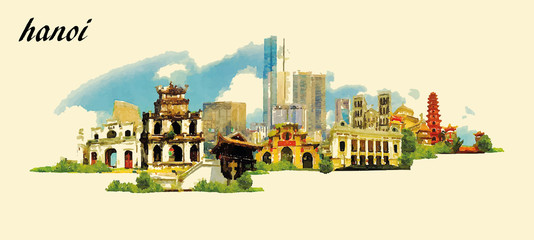 Wall Mural - HANOI city panoramic vector water color illustration