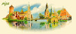 RIGA city panoramic vector water color illustration