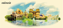 VALENCIA City Water Color Panoramic Vector Illustration