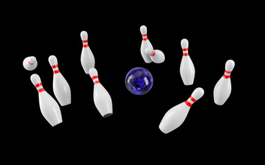 Bowling Ball crashing into the pins. 3D rendering