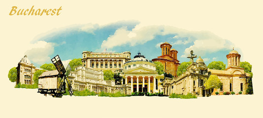 Wall Mural - vector panoramic water color illustration of BUCHAREST city