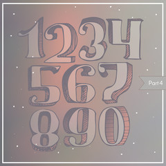 Poster - Vector colorful 3d digits on blur background, hatched, light, with gradient shadow. Numbers sequence from 1 to 9, stylish, in classic style with serif, good for lettering and print design. Hand drawn