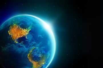 Wall Mural - city lights america at night in planet earth with sun rising