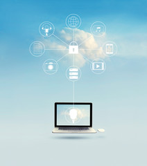Poster - Cloud computing, Laptop floating with icon network connection