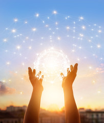 Poster - Abstract science, circle global network connection in hands on sky