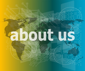 Poster - pixelated words about us on digital screen, business concept vector illustration