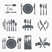 Set Cutlery Icon Vector Illustration. Black Silhouette Of Fork, Knife, Spoon And Plate. Table Appointments. Menu