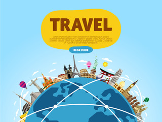 Travel the world. Monument concept. Landmarks on the globe. Tourism and vacation theme. Travelling vector illustration. Modern flat design. Famous world landmarks icons. Journey around the world.