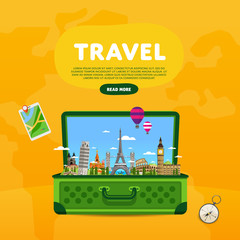 Wall Mural - Open suitcase with landmarks. Travel the world. Monument concept. Tourism and vacation theme. Travelling vector illustration. Modern flat design. Famous world landmarks icons. Journey around the world