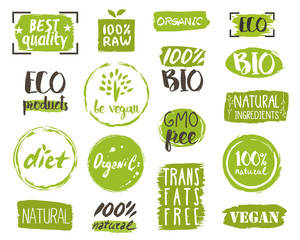 Canvas Print - Healthy food icons, labels. Organic tags. Natural product elements. Logo for vegetarian restaurant menu. Vector illustration. Lactose free sign. Low fat stamp. Soy free. Eco product.