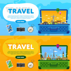 Wall Mural - Open suitcase with landmarks. Travel the world. Monument concept. Tourism and vacation theme. Travelling vector illustration. Modern flat design. Famous world landmarks icons. Journey around the world