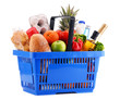 Plastic shopping basket with assorted gorcery products