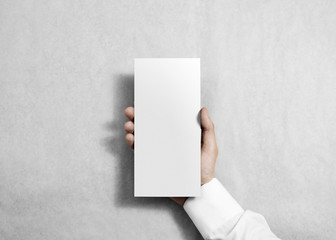 Fototapete - Hand holding blank white flyer brochure booklet in the hand. Leaflet presentation. Pamphlet hold hand. Man show clear offset paper. Sheet template. Booklet design paper sheet display read first person