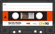 Retro plastic audio cassette, music cassette, cassette tape. Isolated on white background. Realistic illustration of old technology. Vintage tape.