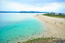 Panoramic Bird Eye Aerial View Of Beautiful Sea Level With Fantasy Blue Sky In Kouri Island, Okinawa, Japan