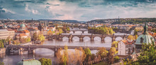 Prague, Czech Republic Bridges Skyline With Historic Charles Bridge And Vltava River. Vintage