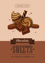 Poster Vector Template With Chocolate, Cupcakes And Sweets. Advertising For Coffee Shop Or Cafe.