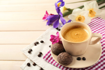 Poster - Cup of coffee with cookies and flowers on wooden table