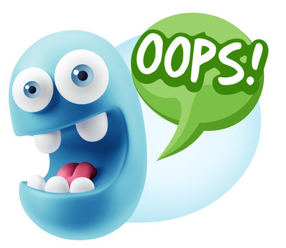 3d Rendering Smile Character Emoticon Expression saying Oops wit