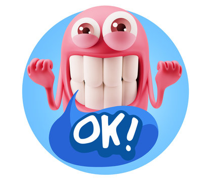 3d Rendering Smile Character Emoticon Expression saying Ok with