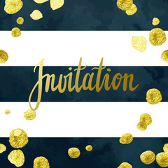 Tony wedding invitation vector template with hand written calligraphy elements and glittering gold blots on deep blue and white striped background.