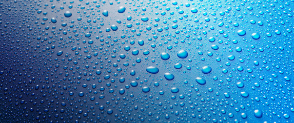 panoramic banner of water drops on blue metal
