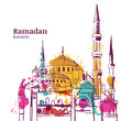 Ramadan Kareem holiday design. Watercolor sketch illustration of mosque. Vector ramadan holiday watercolor background. Greeting card or banner for muslim ramadan holiday.