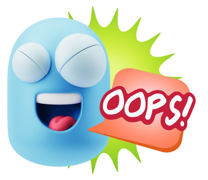 3d Rendering Smile Character Emoticon Expression saying Oops wit