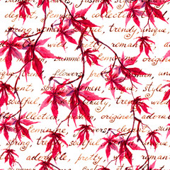 Wall Mural - Red maple leaves with handwritten text. Vintage seamless pattern. Watercolor