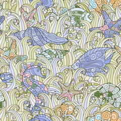 Seamless pattern of colorful hand drawn seashells, starfish and seahorse