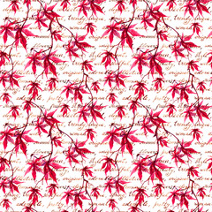 Wall Mural - autumn maple leaves, hand written text. seamless pattern. watercolor
