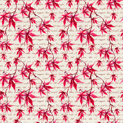 Wall Mural - Red maple leaves with hand written text. Seamless pattern. Watercolor