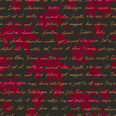Wall Mural - Red maple leaves with handwritten text. Seamless mysterious pattern. Watercolor