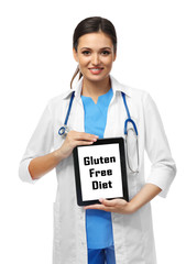 Poster - Nutritionist doctor with clipboard and text Gluten Free Diet, isolated on white