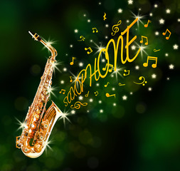 Wall Mural - Saxophone and notes coming out against green background