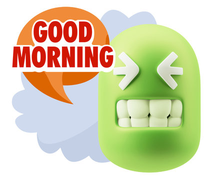 3d Rendering Smile Character Emoticon Expression saying Good Mor