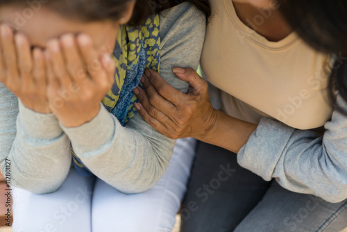 Fotografía Woman comforting desperate hopeless friend, view from above