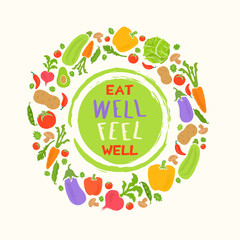 Wall Mural - Healthy food background fresh vegetable and fruit vector illustration. Vegetarian menu elements. Natural food concept.