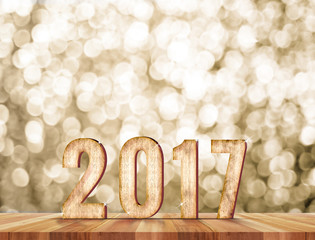 2017 year wood number in perspective room with sparkling bokeh w