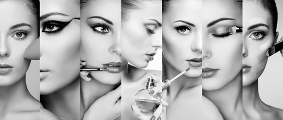 beauty collage. faces of women. fashion photo. makeup artist applies lipstick and eye shadow. woman 
