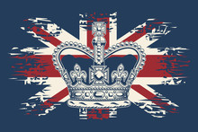 Stylized Illustration Of The Imperial State Crown On UK Flag Background.