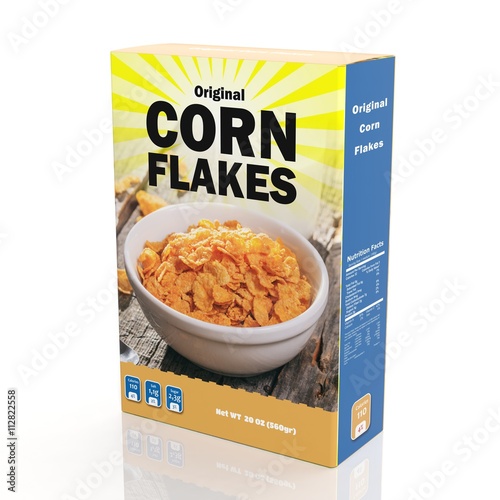 Fotomural 3D rendering of Corn Flakes paper packaging, isolated on white background