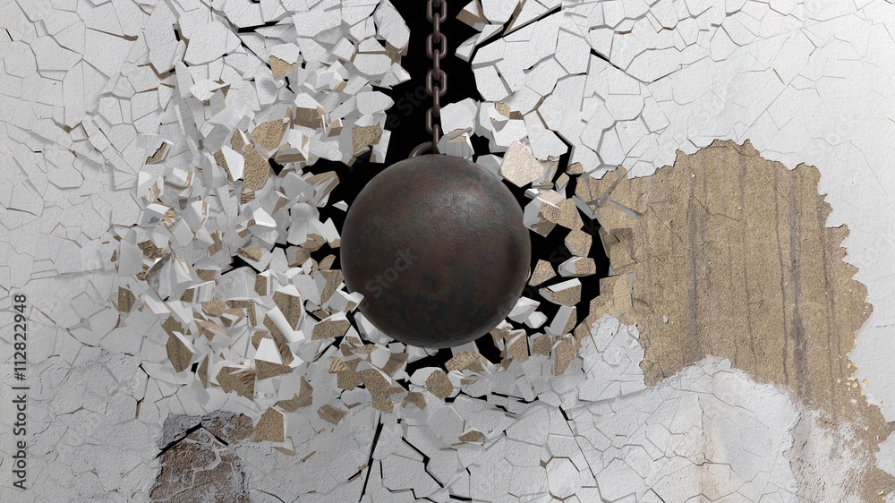 Metallic rusty wrecking ball on chain shattering  an old wall. 3D rendering - obrazy, fototapety, plakaty 