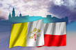 Flags of Poland and Vatican over Cracow landscape