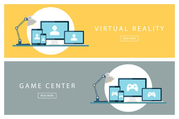 Poster - Set of flat design illustration concepts Virtual reality and Game center. Banners for web design, marketing and promotion. Presentation templates. Vector illustration.