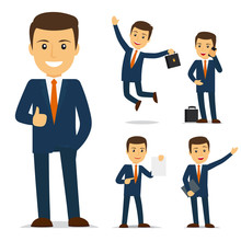 Businessman Cartoon Character In Different Poses. Vector Illustration