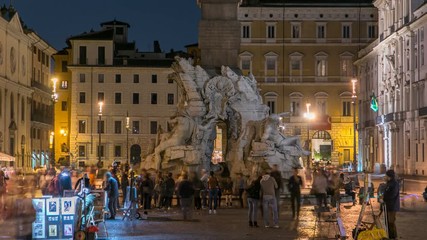 Poster - Fountain of the Four Rivers timelapse, Piazza Navona Rome, Fontana di Quattro Fiume, Bernini marble sculpture