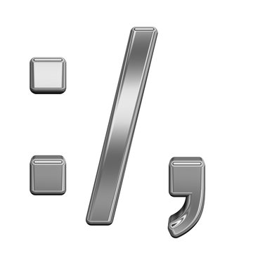 Colon, semicolon, period, comma from titanium alphabet set, isolated on white. 3D illustration.