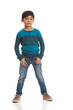 Full length portrait of a young, mixed race boy.  Isolated on white.