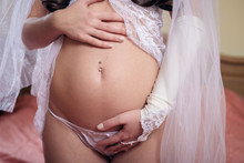 Closeup Picture On Holding Hands On Pregnant Bare Belly Beautiful Bride Wearing Sexy Lingerie